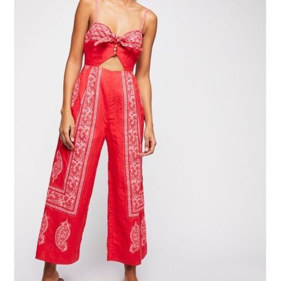 Free People Feel The Sun Jumpsuit Red Paisley Linen Wide Leg Size 0 Orig. $148 - Picture 1 of 10
